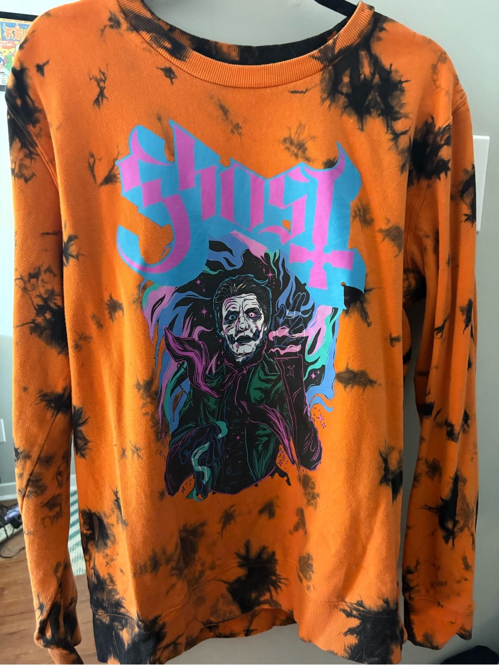 Tie-Dye Orange Graphic Sweatshirt with Blue-Pink Logo (Ghost)